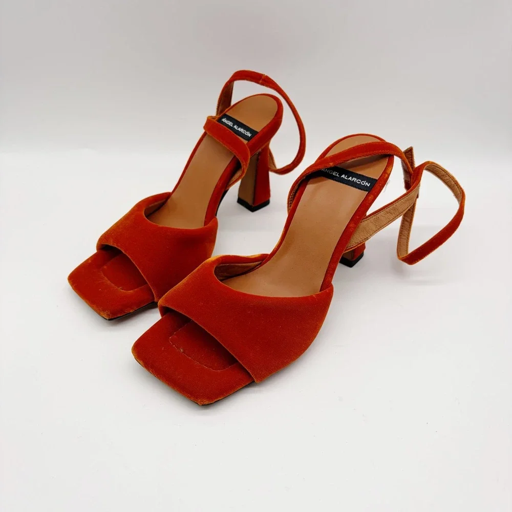Angel Alarcon Sandals Womens 37 Orange Velvet Square Toe Ankle Strap Block Heel